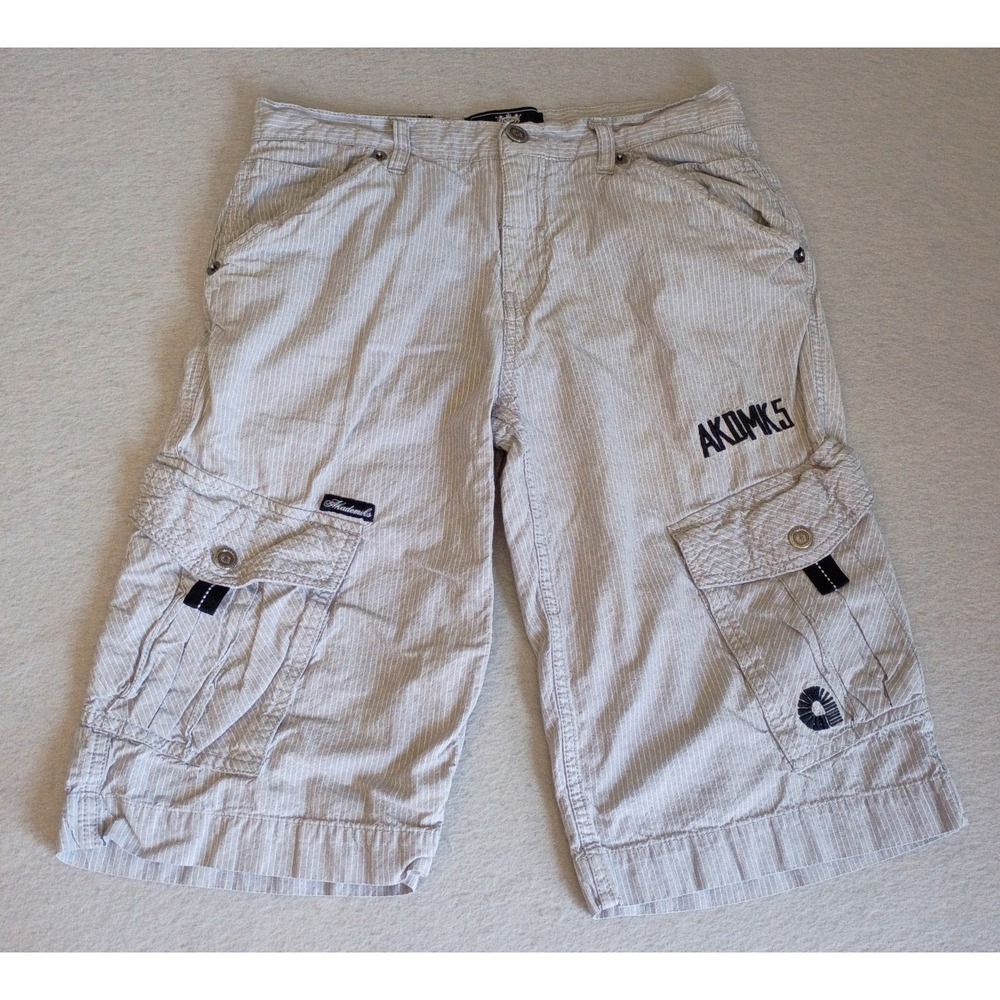 Y2K Baggy Akademiks Gray Striped Cargo Utility Shorts Size 16 Spellout Graphic